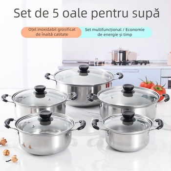 Set de cinci oale pentru supă din oțel inoxidabil, dimensiuni 16/18/20/22/24 cm, fund simplu
