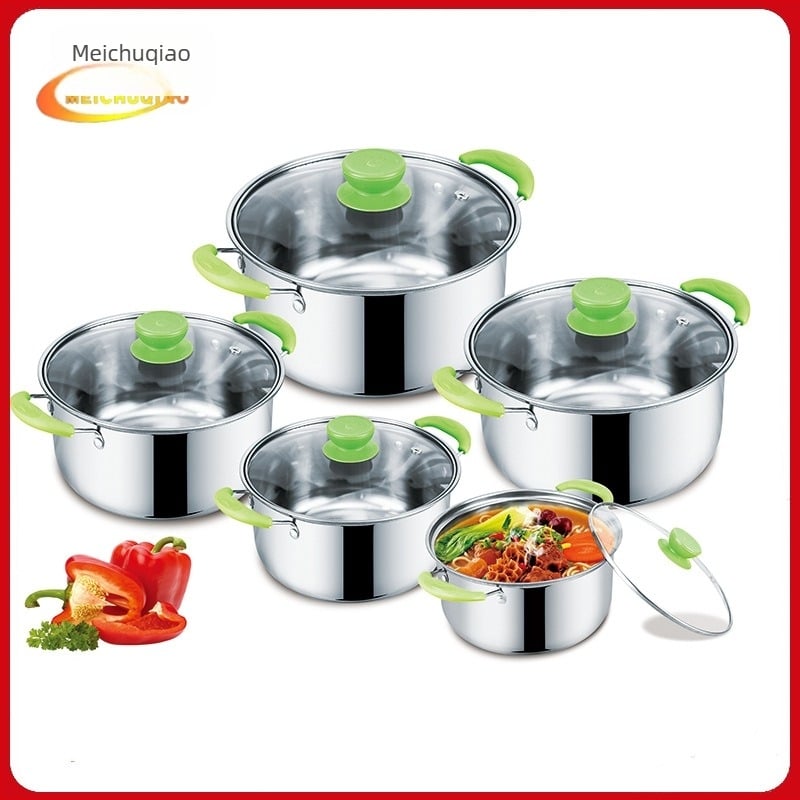 Set de cinci oale pentru supă din oțel inoxidabil, dimensiuni 16/18/20/22/24 cm, fund simplu