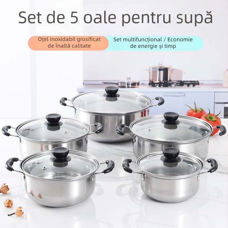 Set de cinci oale pentru supă din oțel inoxidabil, dimensiuni 16/18/20/22/24 cm, fund simplu