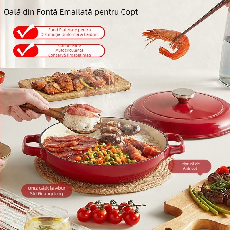 Oală din fontă emailată pentru tocănițe și gătit, fund plat, antiaderentă, compatibilă cu inducție și gaz