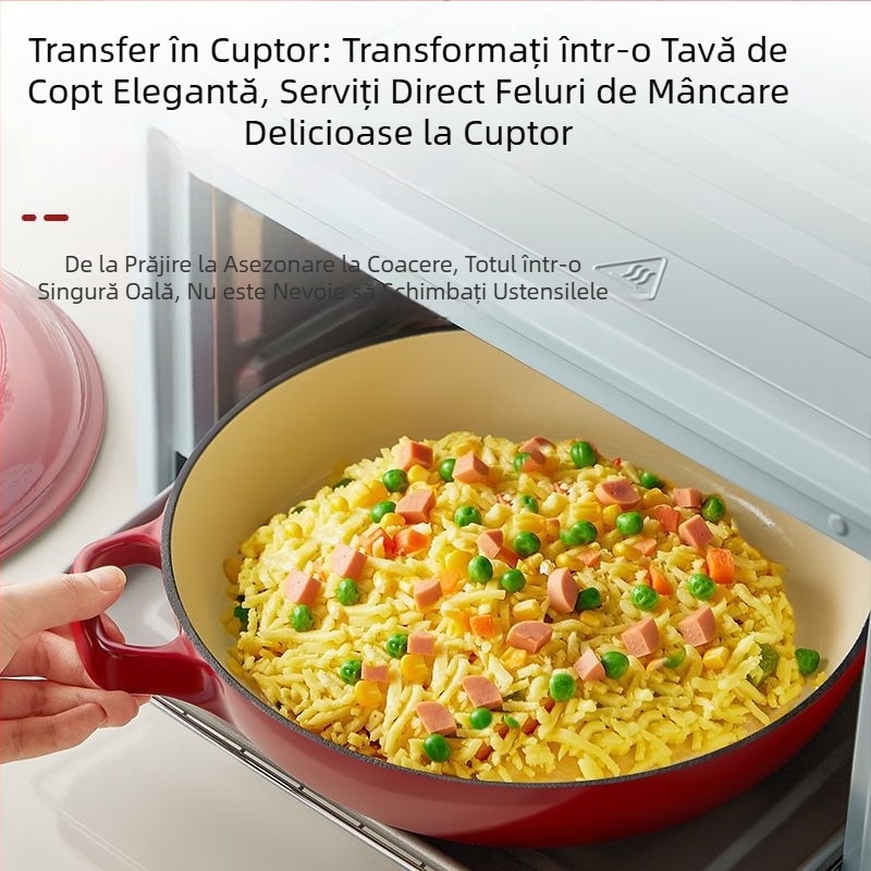Oală din fontă emailată pentru tocănițe și gătit, fund plat, antiaderentă, compatibilă cu inducție și gaz