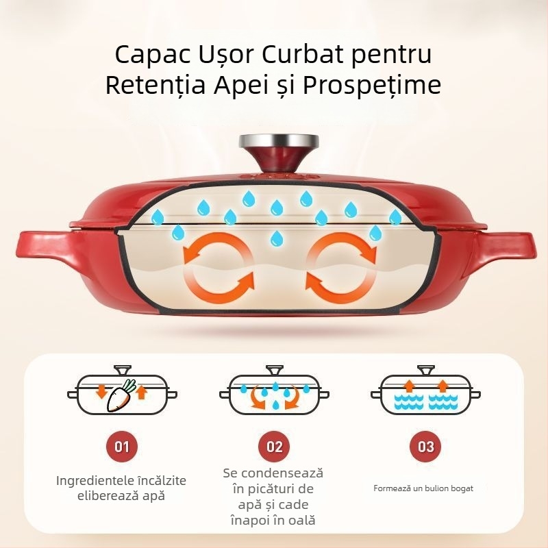Oală din fontă emailată pentru tocănițe și gătit, fund plat, antiaderentă, compatibilă cu inducție și gaz