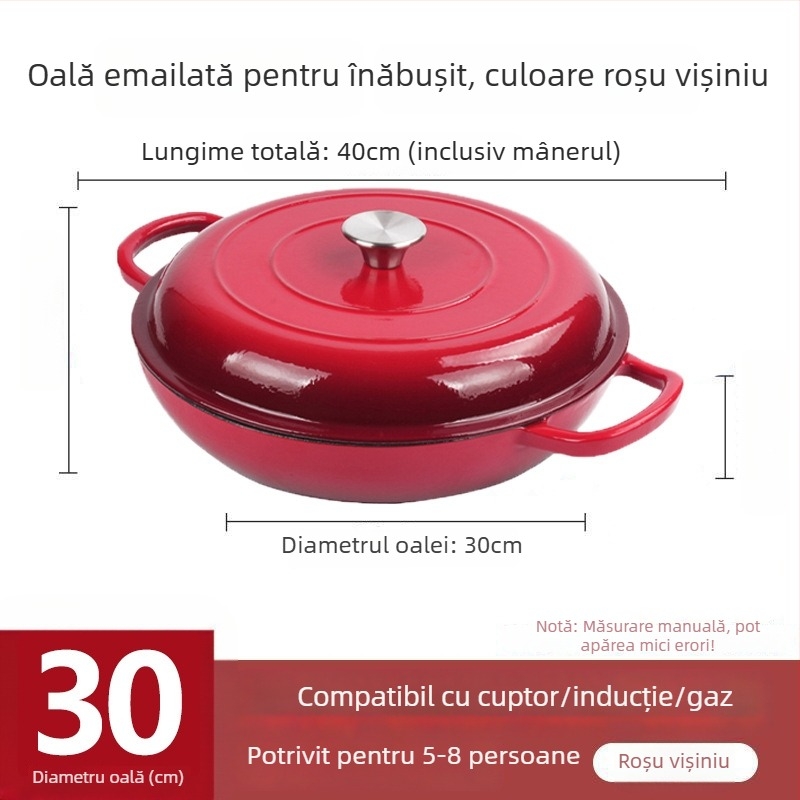 Oală din fontă emailată pentru tocănițe și gătit, fund plat, antiaderentă, compatibilă cu inducție și gaz