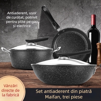 Set de vase cu piatră Maifan, 3 piese, antiaderent, cu capace din sticlă