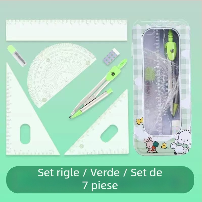 Set de 8 piese: compas și riglă într-o cutie metalică cu animale drăguțe, instrumente de desen pentru copii, riglă dreaptă și riglă triunghiulară
