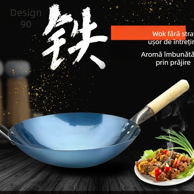 Wok din oțel inoxidabil 304, fără acoperire, compatibil cu plita pe gaz, oală de gătit tradițională, adâncime 11 cm, greutate 1–1,5 kg