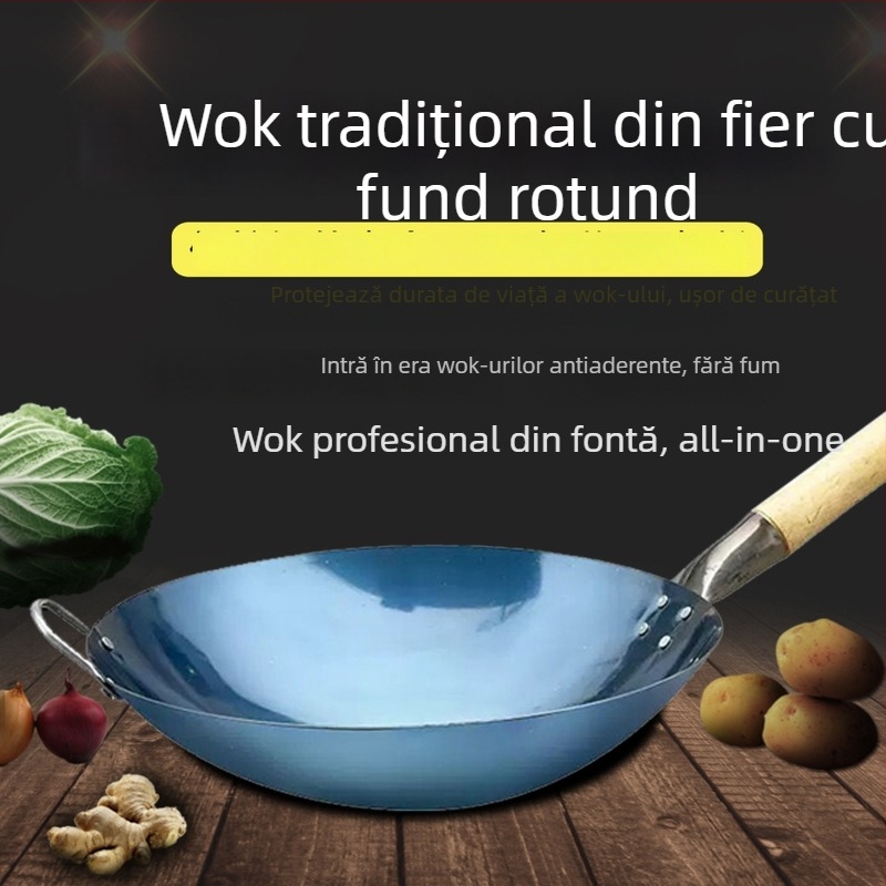 Wok din oțel inoxidabil 304, fără acoperire, compatibil cu plita pe gaz, oală de gătit tradițională, adâncime 11 cm, greutate 1–1,5 kg