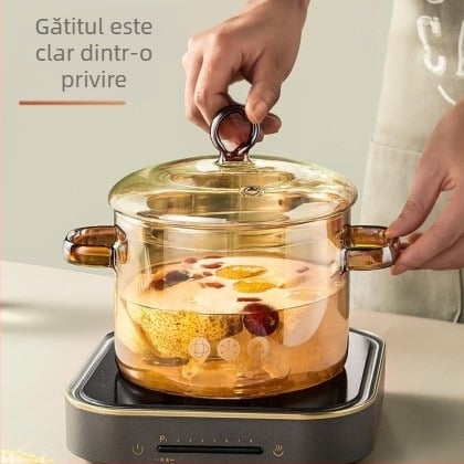 Oală de supă din sticlă borosilicat, de culoare aurie, pentru supe și tocană, rezistentă la temperaturi înalte, compatibilă cu foc deschis și plite, 1,1–2 L