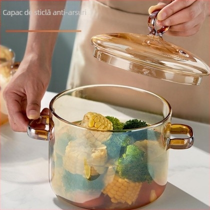 Oală de supă din sticlă borosilicat, de culoare aurie, pentru supe și tocană, rezistentă la temperaturi înalte, compatibilă cu foc deschis și plite, 1,1–2 L