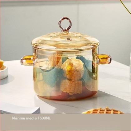 Oală de supă din sticlă borosilicat, de culoare aurie, pentru supe și tocană, rezistentă la temperaturi înalte, compatibilă cu foc deschis și plite, 1,1–2 L