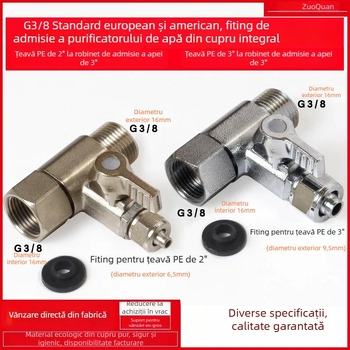 Supapă cu bilă, trei căi, pentru purificator de apă, filet intern/extern 3/8 inch către conductă PE de 1/4 inch