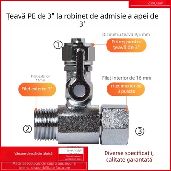 Supapă cu bilă, trei căi, pentru purificator de apă, filet intern/extern 3/8 inch către conductă PE de 1/4 inch