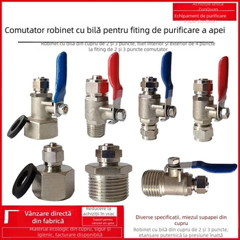 Supapă cu bilă, trei căi, pentru purificator de apă, filet intern/extern 3/8 inch către conductă PE de 1/4 inch