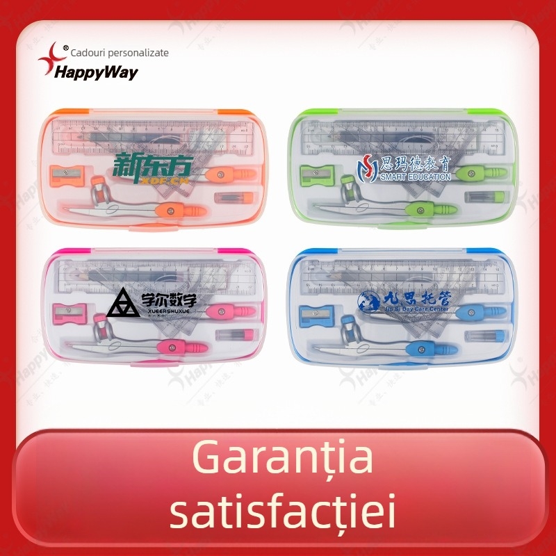Set de papetarie cu logo personalizat, riglă și compas — set de zece piese pentru desen