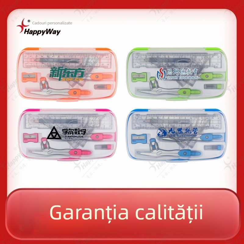 Set de papetarie cu logo personalizat, riglă și compas — set de zece piese pentru desen
