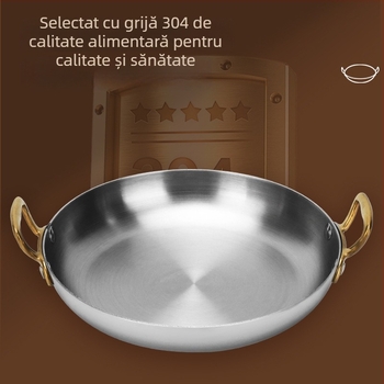 Tigaie din oțel inoxidabil 304, cu două mânere, pentru fructe de mare, wok, tigaie plată pentru orez și risotto, rotund