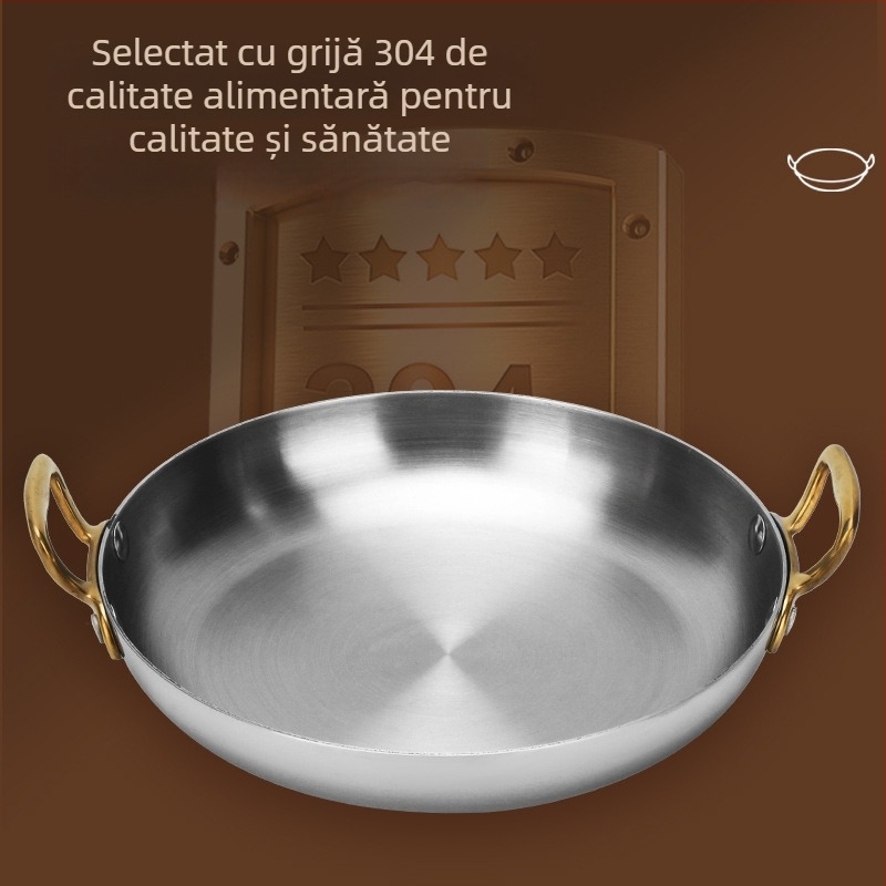 Tigaie din oțel inoxidabil 304, cu două mânere, pentru fructe de mare, wok, tigaie plată pentru orez și risotto, rotund