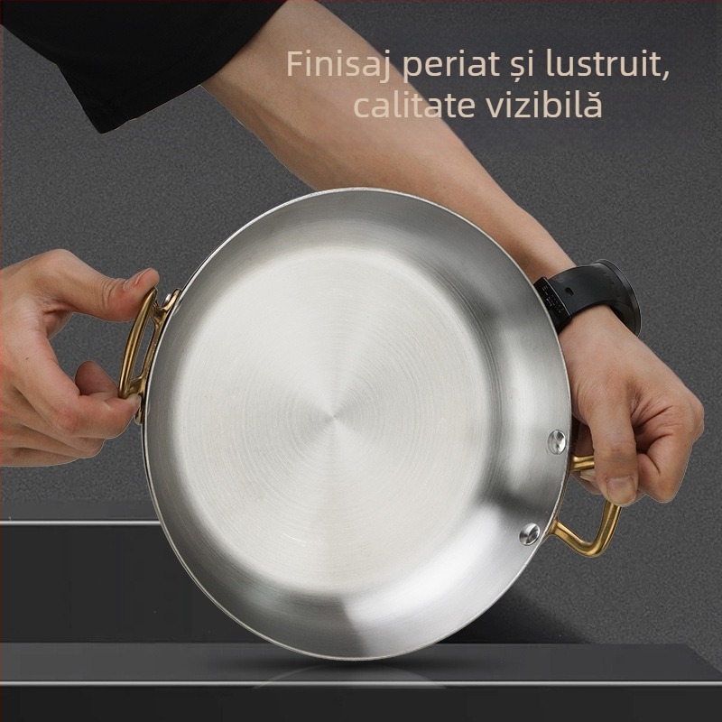 Tigaie din oțel inoxidabil 304, cu două mânere, pentru fructe de mare, wok, tigaie plată pentru orez și risotto, rotund