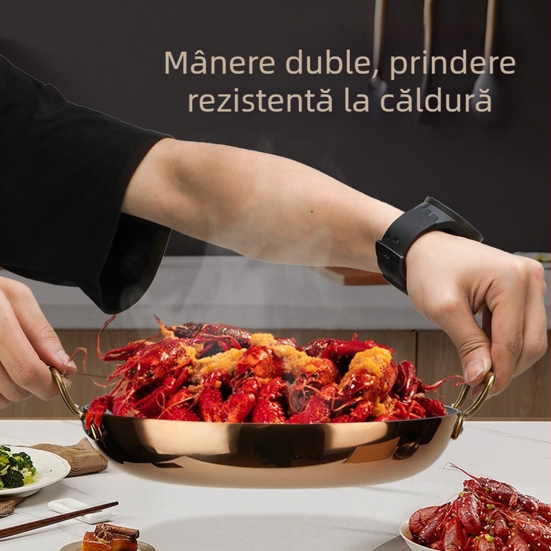 Tigaie din oțel inoxidabil 304, cu două mânere, pentru fructe de mare, wok, tigaie plată pentru orez și risotto, rotund