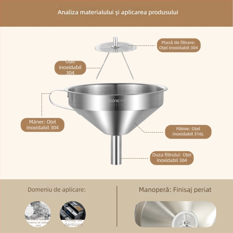 Funnel de ulei din oțel inoxidabil 316L cu filtru, pereți groși, diametru mare