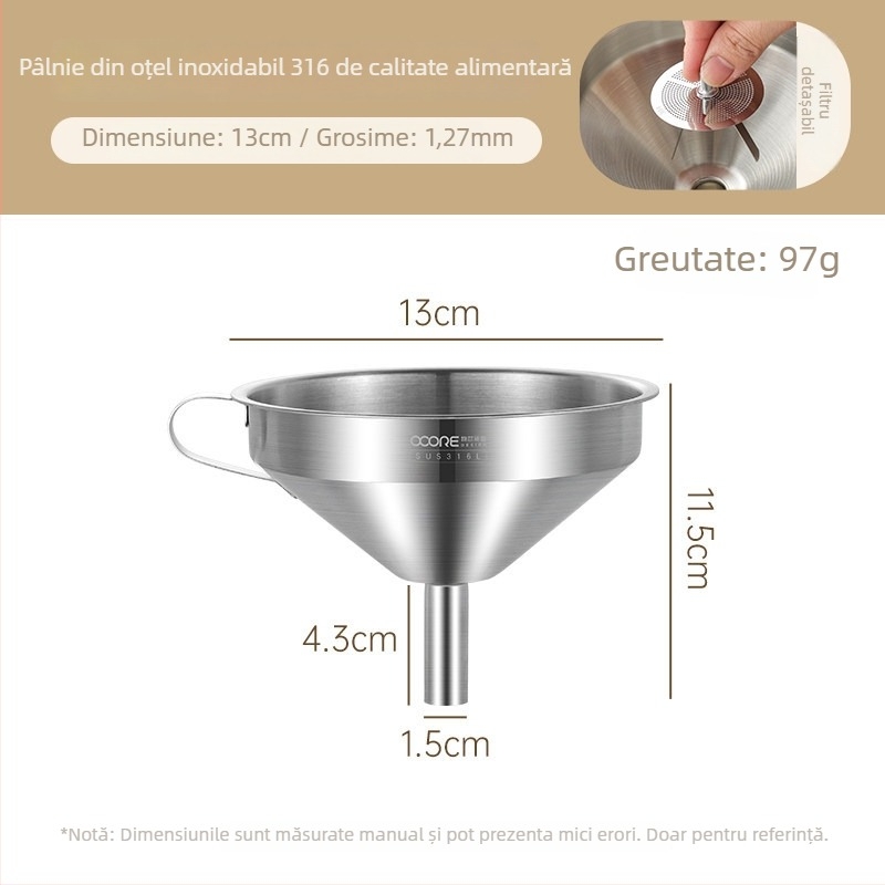 Funnel de ulei din oțel inoxidabil 316L cu filtru, pereți groși, diametru mare