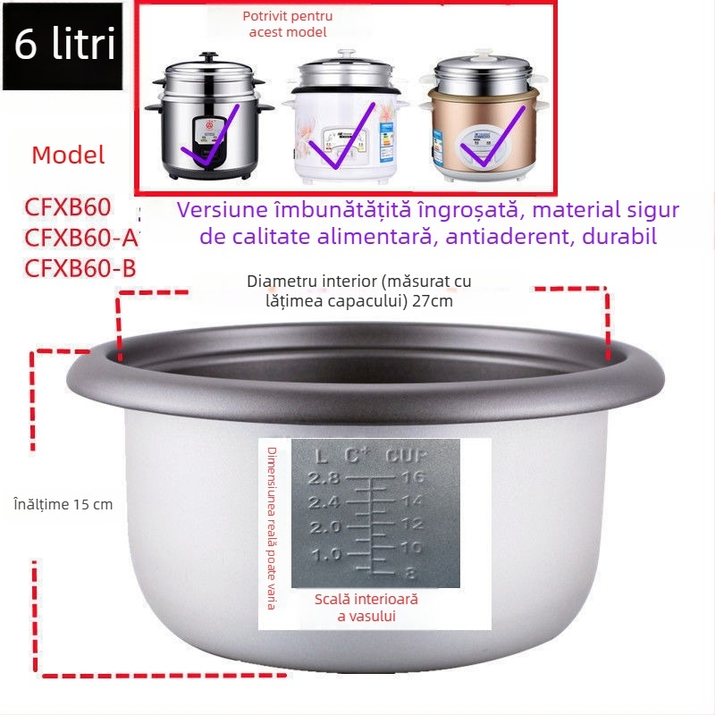 Vas interior pentru orez, cu strat antiaderent, formă triunghiulară veche, model 2345, 1,5 L, accesorii