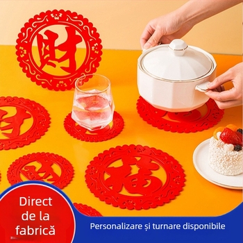 Covoraș circular din silicon, gros, roșu, cu model decupat, rezistent la temperaturi, antiderapant, suport pentru farfurii și cești