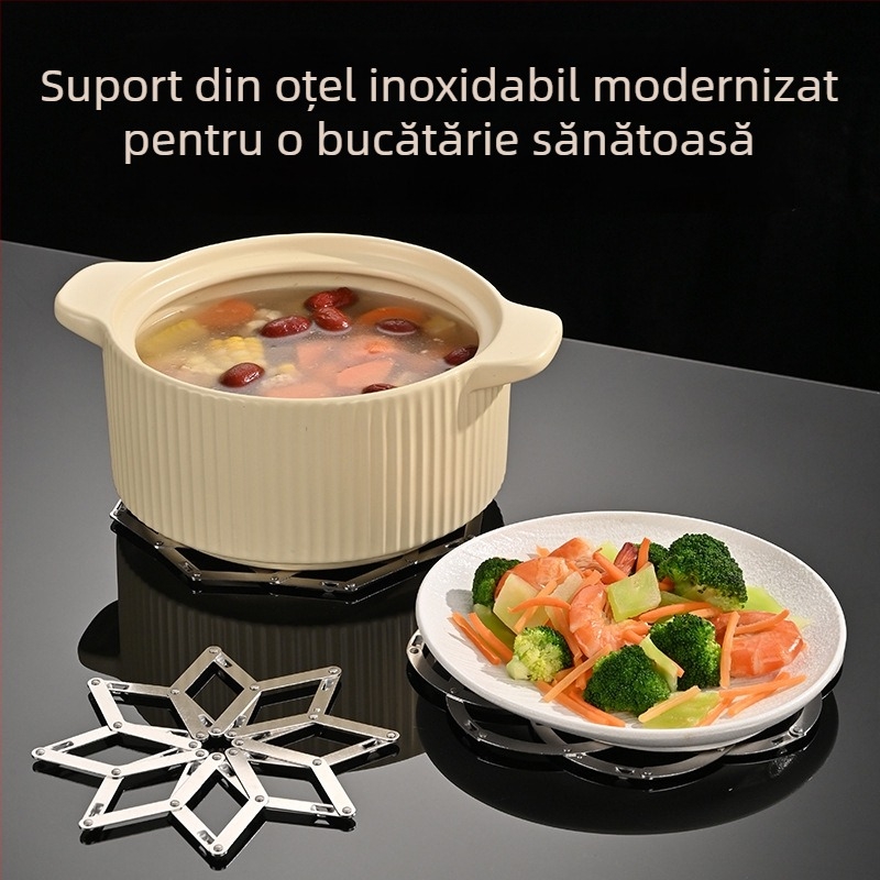 Suport extensibil din oțel inoxidabil pentru oale – covoraș izolant termic multifuncțional pentru vase și oale, cu model floral