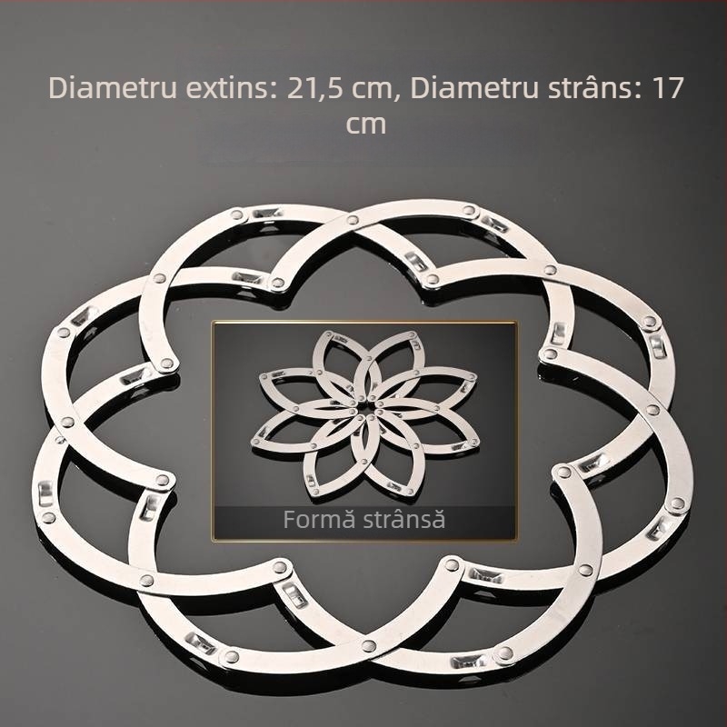 Suport extensibil din oțel inoxidabil pentru oale – covoraș izolant termic multifuncțional pentru vase și oale, cu model floral