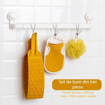 Set de baie din trei piese: prosop lung pentru masajul spatelui, curea pentru spate și mingi exfoliante de baie