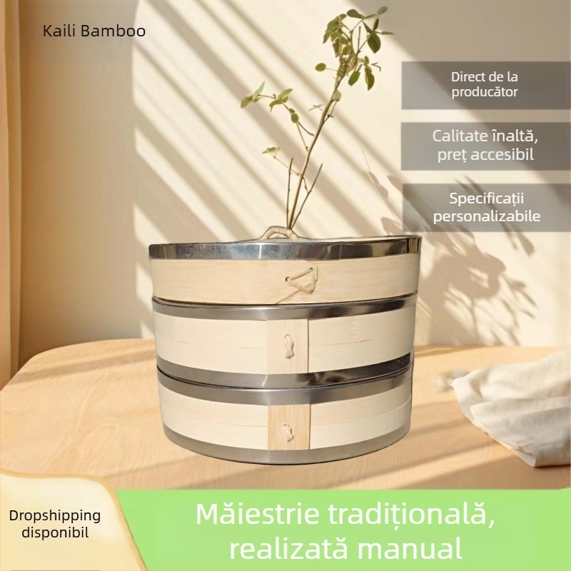 Coș de aburi din bambus cu ramă din aluminiu, împletit, pentru uz casnic și comercial