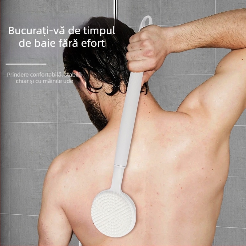 Perie de baie din silicon negru, cu mâner extensibil, pentru curățarea spatelui în duș