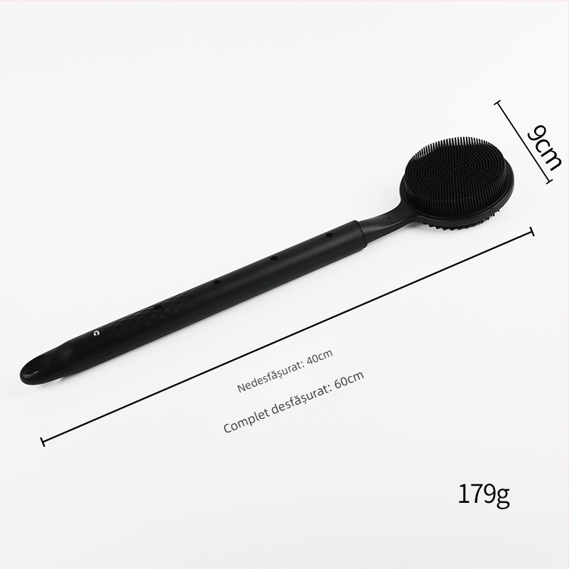 Perie de baie din silicon negru, cu mâner extensibil, pentru curățarea spatelui în duș