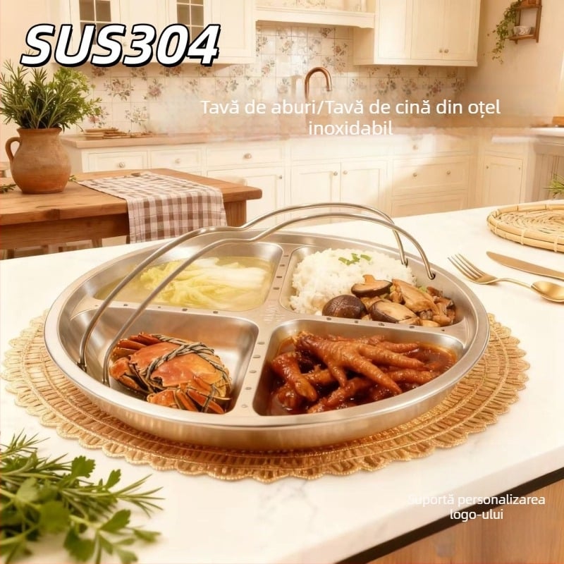 Tavă divizată de aburi din oțel inoxidabil 304 pentru orezător, aburire orez și legume, suport de gătit acasă cu mâner