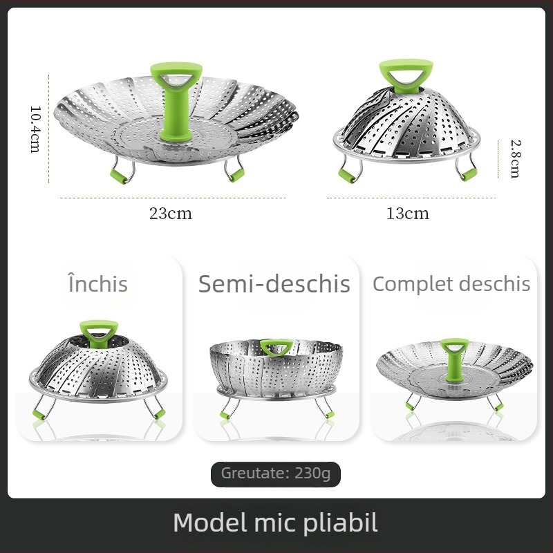 Coș de aburi din oțel inoxidabil, pliabil și extensibil, cu grilă – tavă de abur multifuncțională pentru bucătărie