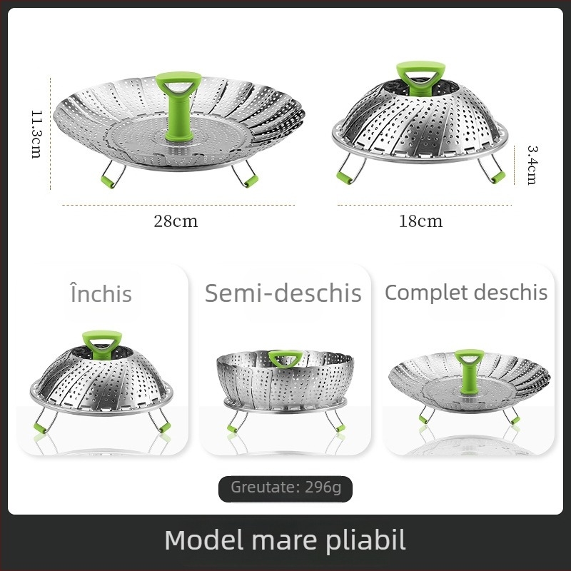 Coș de aburi din oțel inoxidabil, pliabil și extensibil, cu grilă – tavă de abur multifuncțională pentru bucătărie