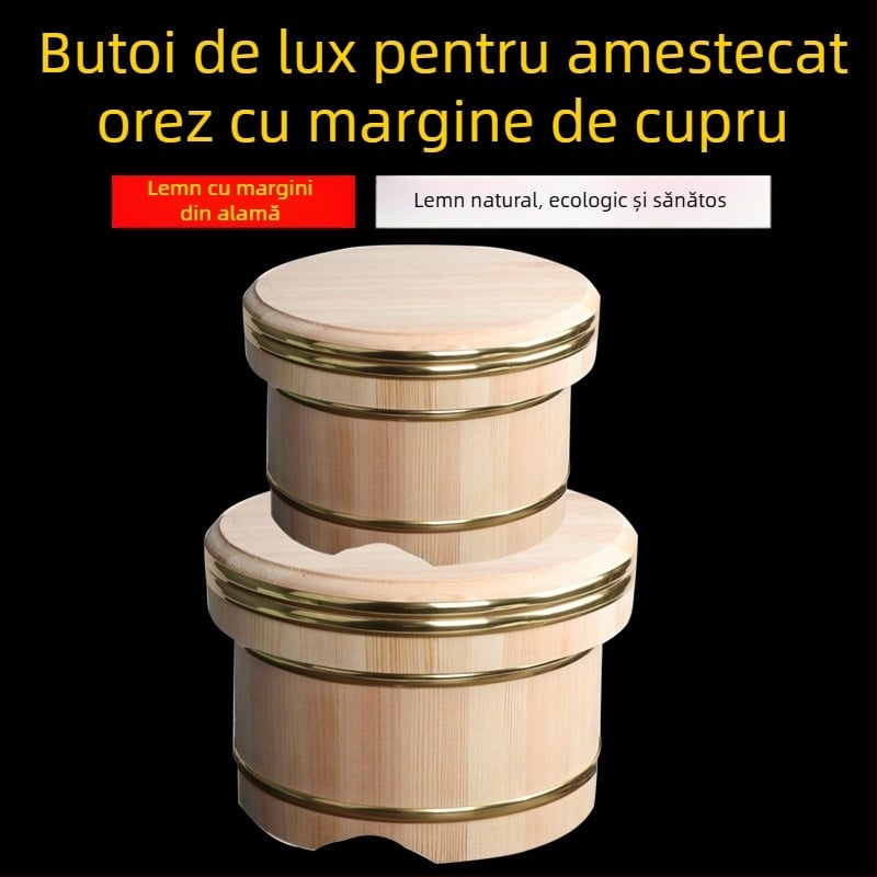 Recipient din lemn pentru orez în stil japonez, cu capac și bol din lemn pentru servire, capacitate mare