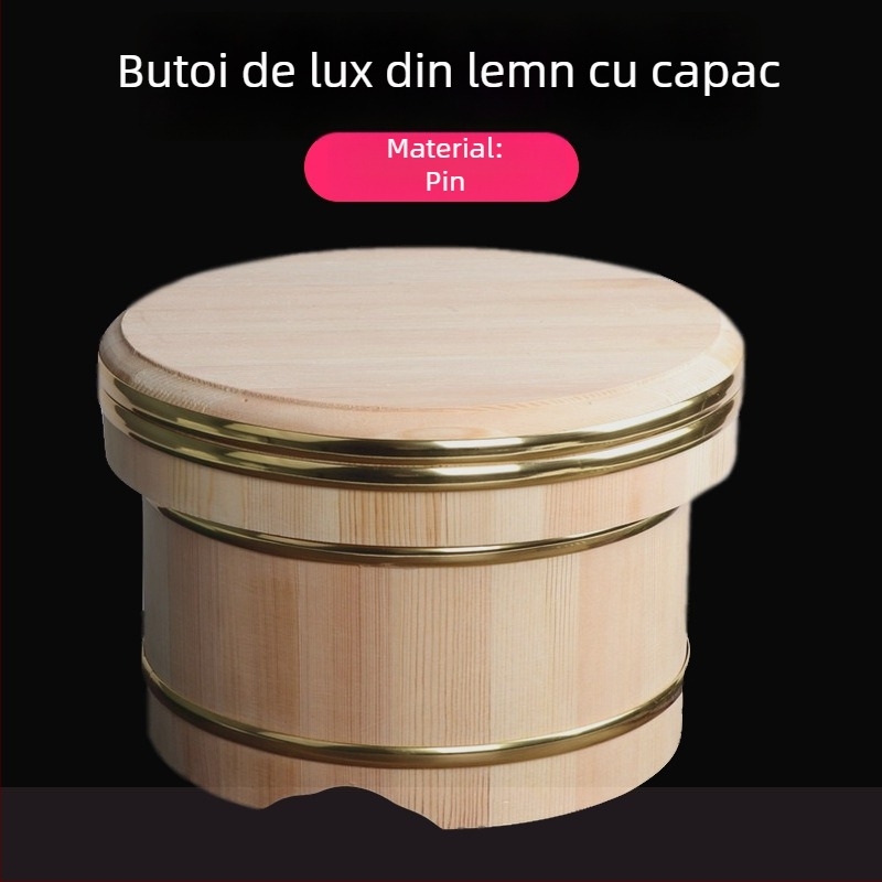 Recipient din lemn pentru orez în stil japonez, cu capac și bol din lemn pentru servire, capacitate mare