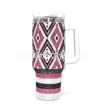 Cană termoizolantă cu vid de 40 oz, cu mâner, decorată cu diamante, portabilă pentru mașină, din oțel inoxidabil