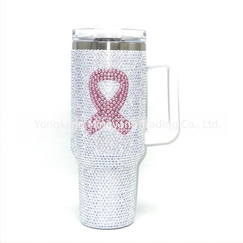 Cană termoizolantă cu vid de 40 oz, cu mâner, decorată cu diamante, portabilă pentru mașină, din oțel inoxidabil