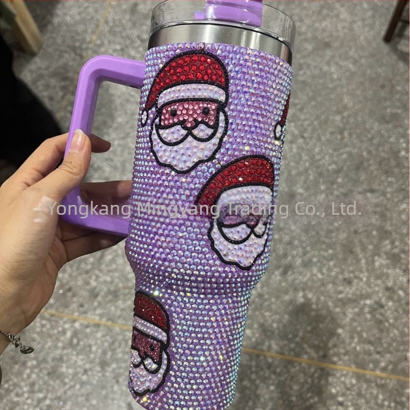 Cană termoizolantă cu vid de 40 oz, cu mâner, decorată cu diamante, portabilă pentru mașină, din oțel inoxidabil