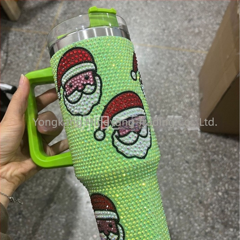 Cană termoizolantă cu vid de 40 oz, cu mâner, decorată cu diamante, portabilă pentru mașină, din oțel inoxidabil