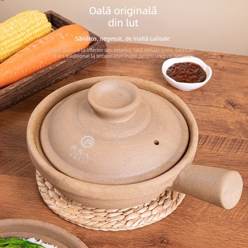 Oală de lut pentru orez, cu mâner unic, neglazurată, ceramică tradițională, pentru gătire uscată, vas mic 2.1–3 L