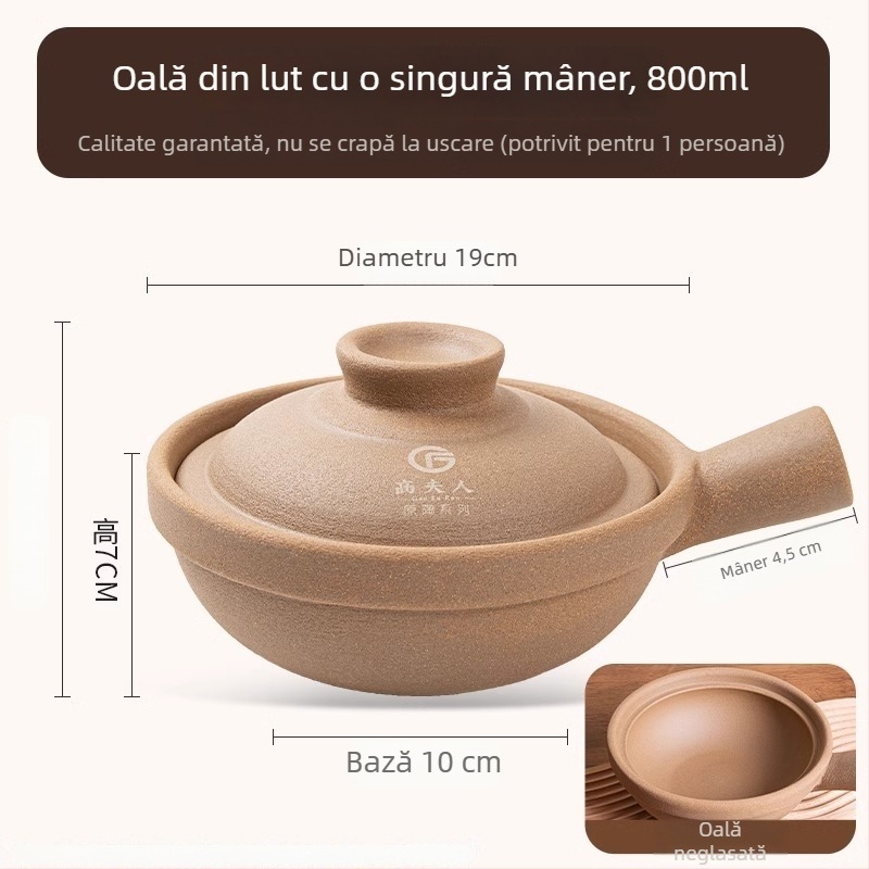 Oală de lut pentru orez, cu mâner unic, neglazurată, ceramică tradițională, pentru gătire uscată, vas mic 2.1–3 L