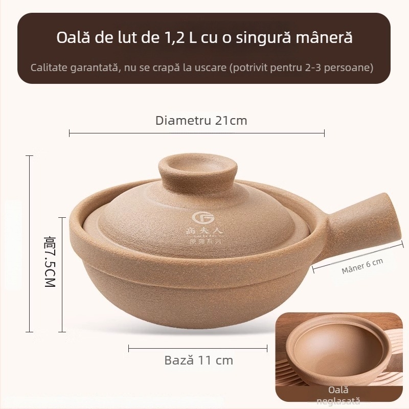 Oală de lut pentru orez, cu mâner unic, neglazurată, ceramică tradițională, pentru gătire uscată, vas mic 2.1–3 L