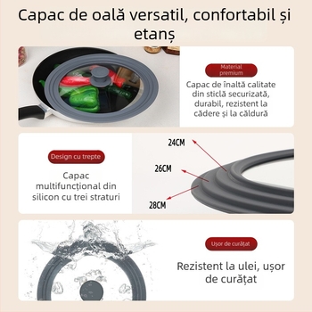 Capac de bucătărie în stil japonez, capac universal din sticlă cu garnitură din silicon, rezistent la temperaturi înalte, potrivit pentru tigăi, wok și aburitoare