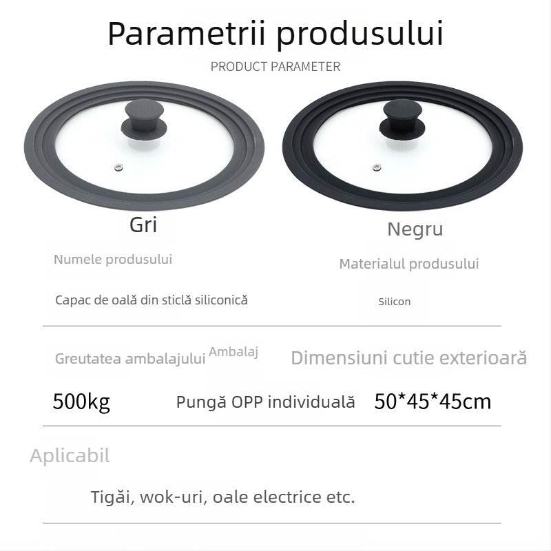 Capac de bucătărie în stil japonez, capac universal din sticlă cu garnitură din silicon, rezistent la temperaturi înalte, potrivit pentru tigăi, wok și aburitoare