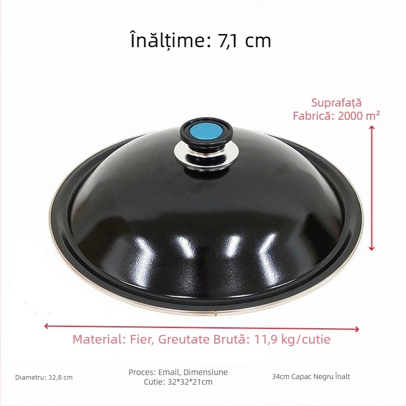 Capac de oală emailat din oțel, negru, 32–34 cm, gros, rezistent la temperaturi înalte