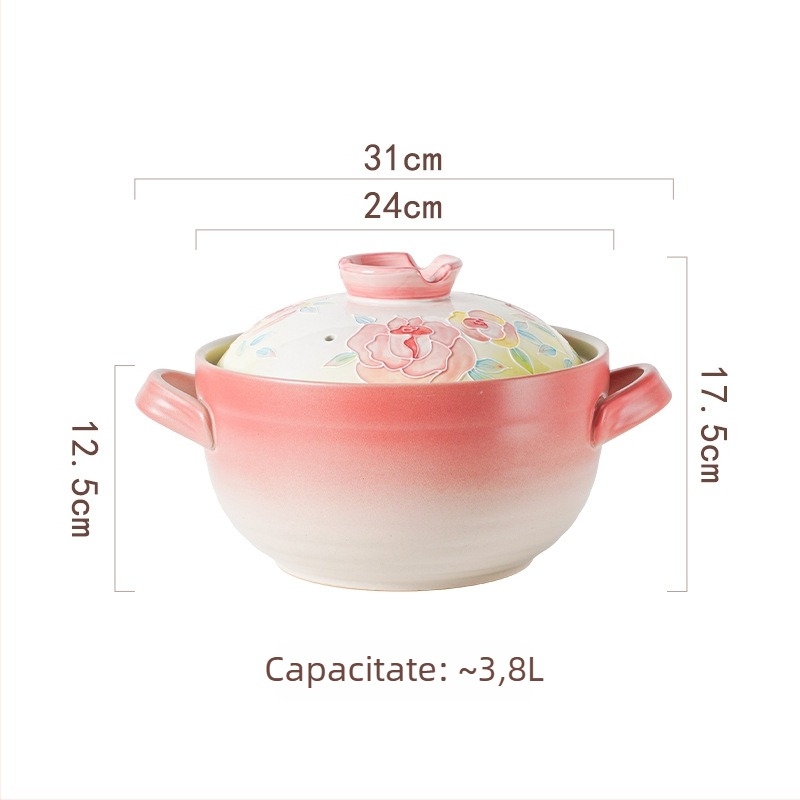 Oală de ceramică pictată manual, rezistentă la temperaturi înalte, potrivită pentru gătit uscat, oală de lut pentru orez și gulaș, cu capac