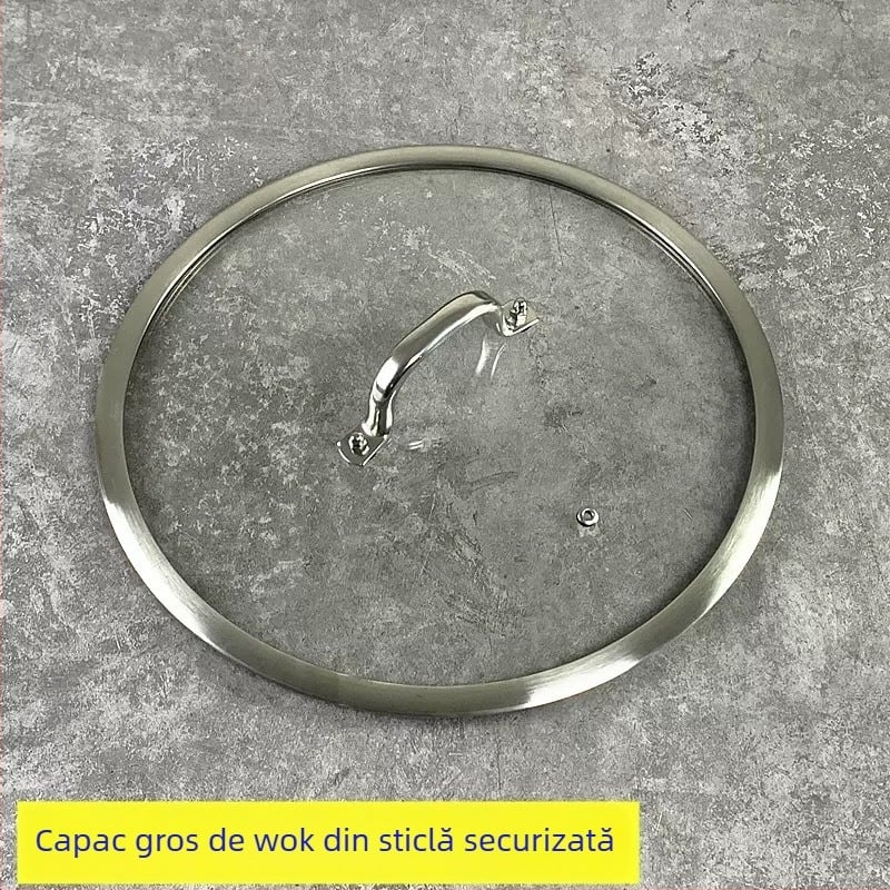 Capac din oțel inoxidabil pentru wok, cu geam securizat, margine îngroșată și lată, capac de sticlă rezistent la impact pentru oale de supă